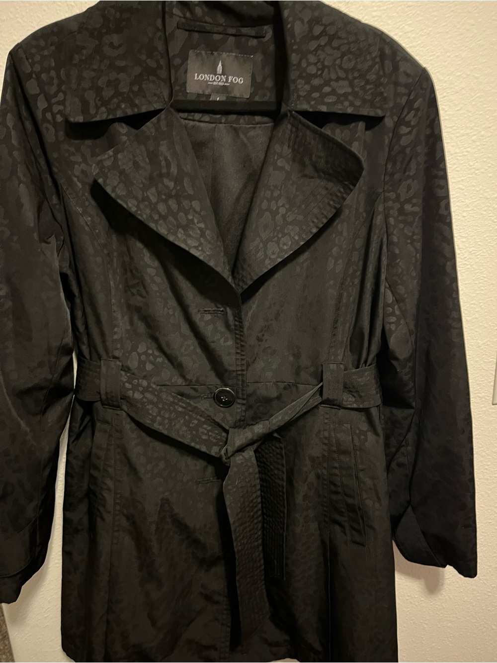 London Fog Black Tonal Animal-Print Trench Coat with Belt